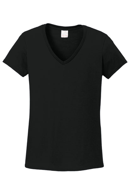 Front View of Black Gildan Women's Heavy Cotton 100% Cotton V-Neck T-Shirt. 5V00L