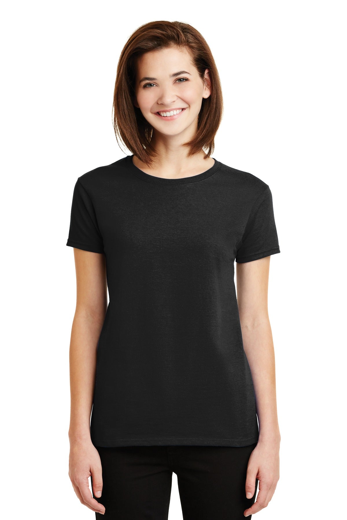 Front View of Black Gildan Women's Ultra Cotton 100% US Cotton T-Shirt. 2000L