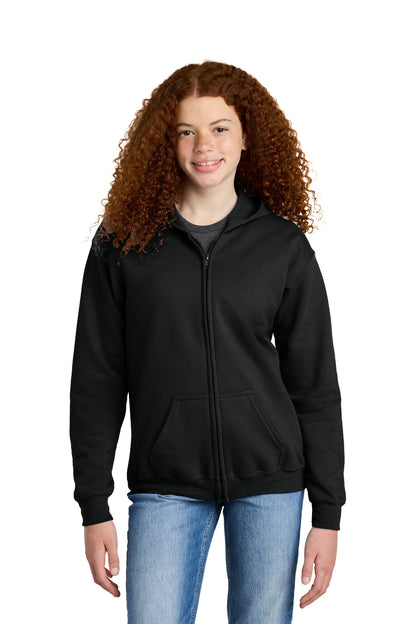 Front View of Black Gildan Youth Heavy Blend Full-Zip Hooded Sweatshirt. 18600B