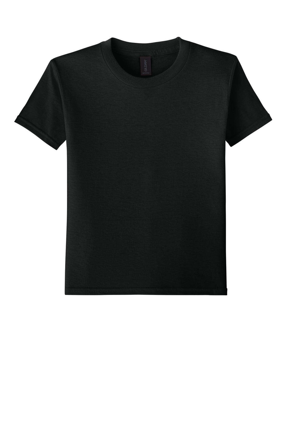 Front View of Black Gildan Youth Softstyle T-Shirt 64000B