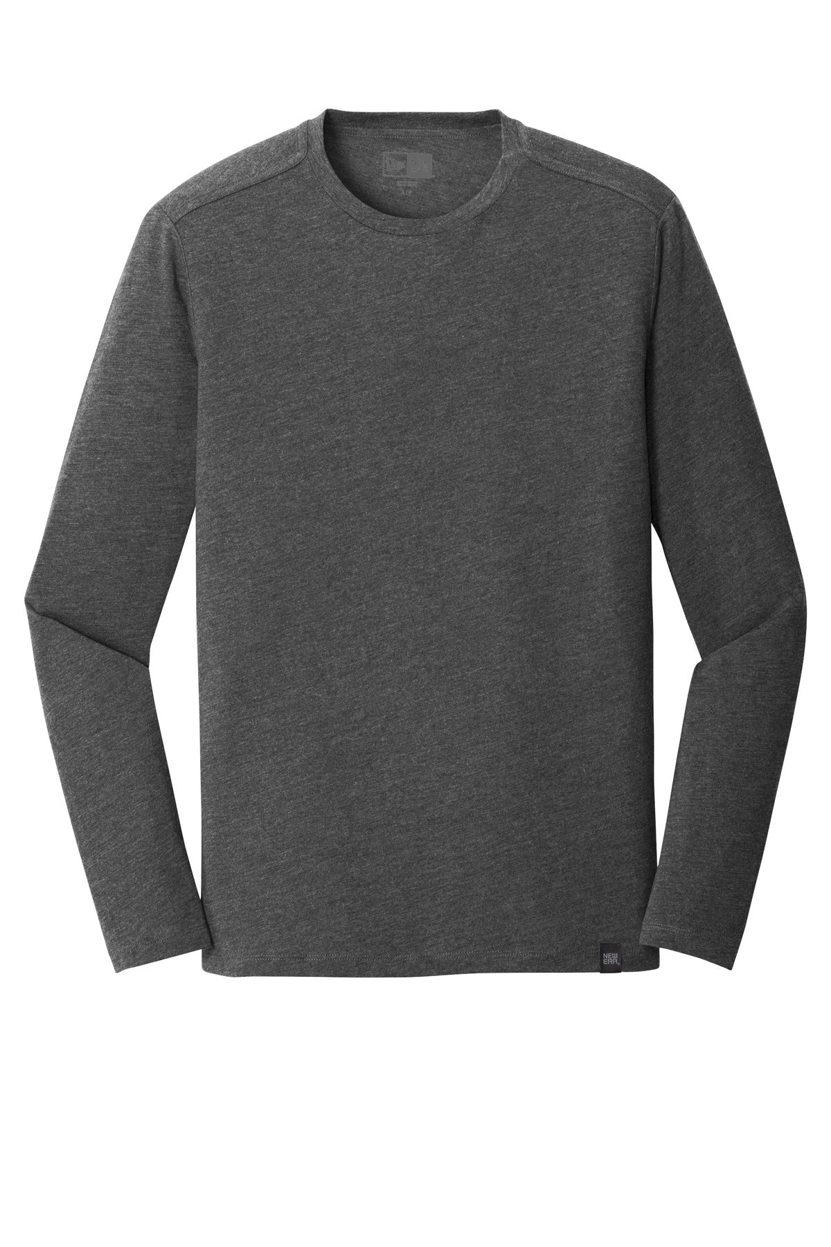 Front View of Black Heather New Era Heritage Blend Long Sleeve Crew Tee. NEA102