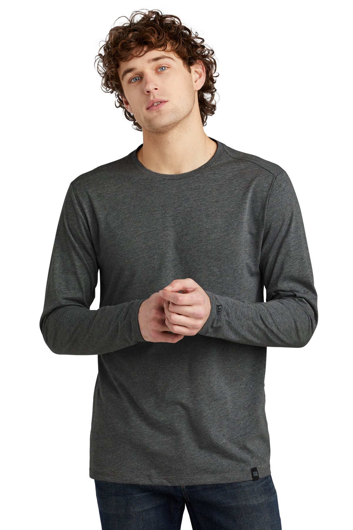 Front View of Black Heather New Era Heritage Blend Long Sleeve Crew Tee. NEA102