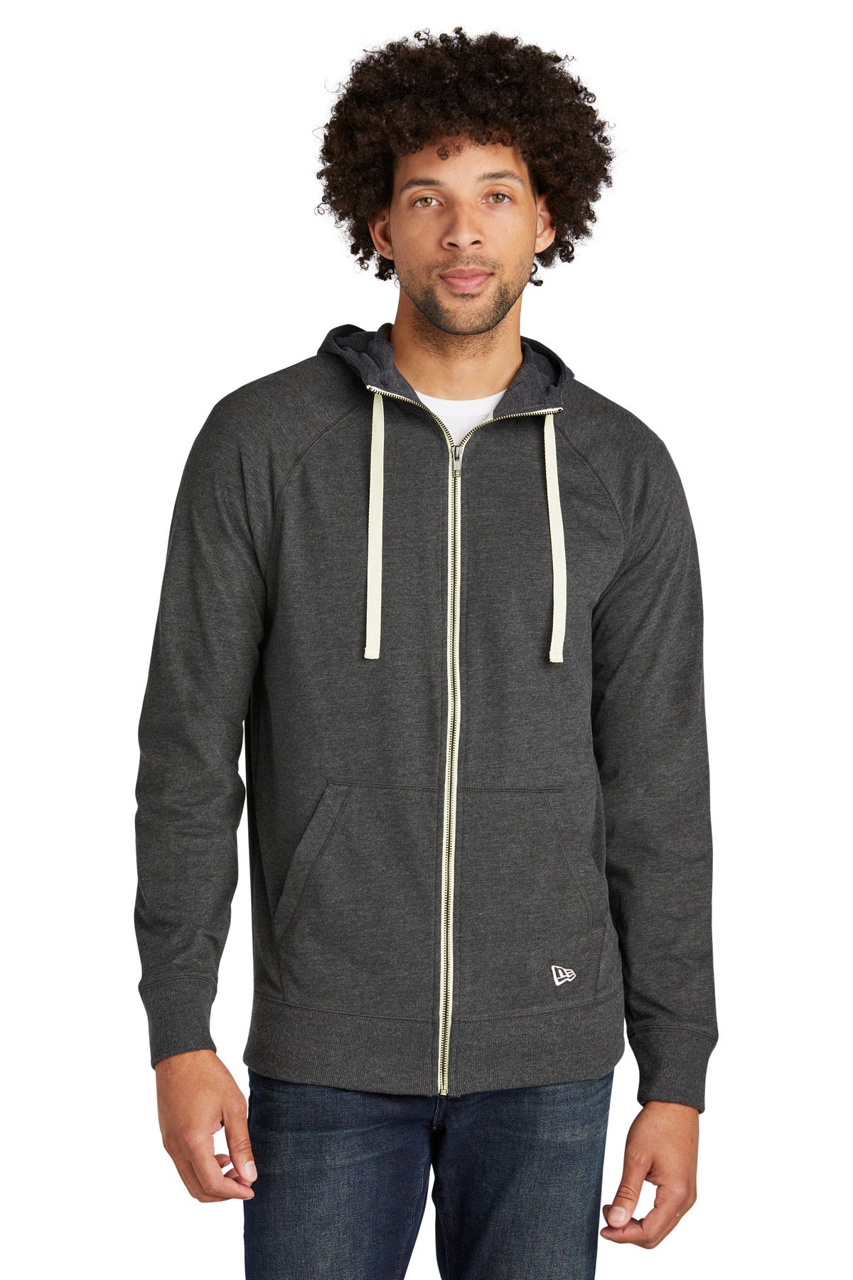 Front View of Black Heather New Era Sueded Cotton Blend Full-Zip Hoodie. NEA122