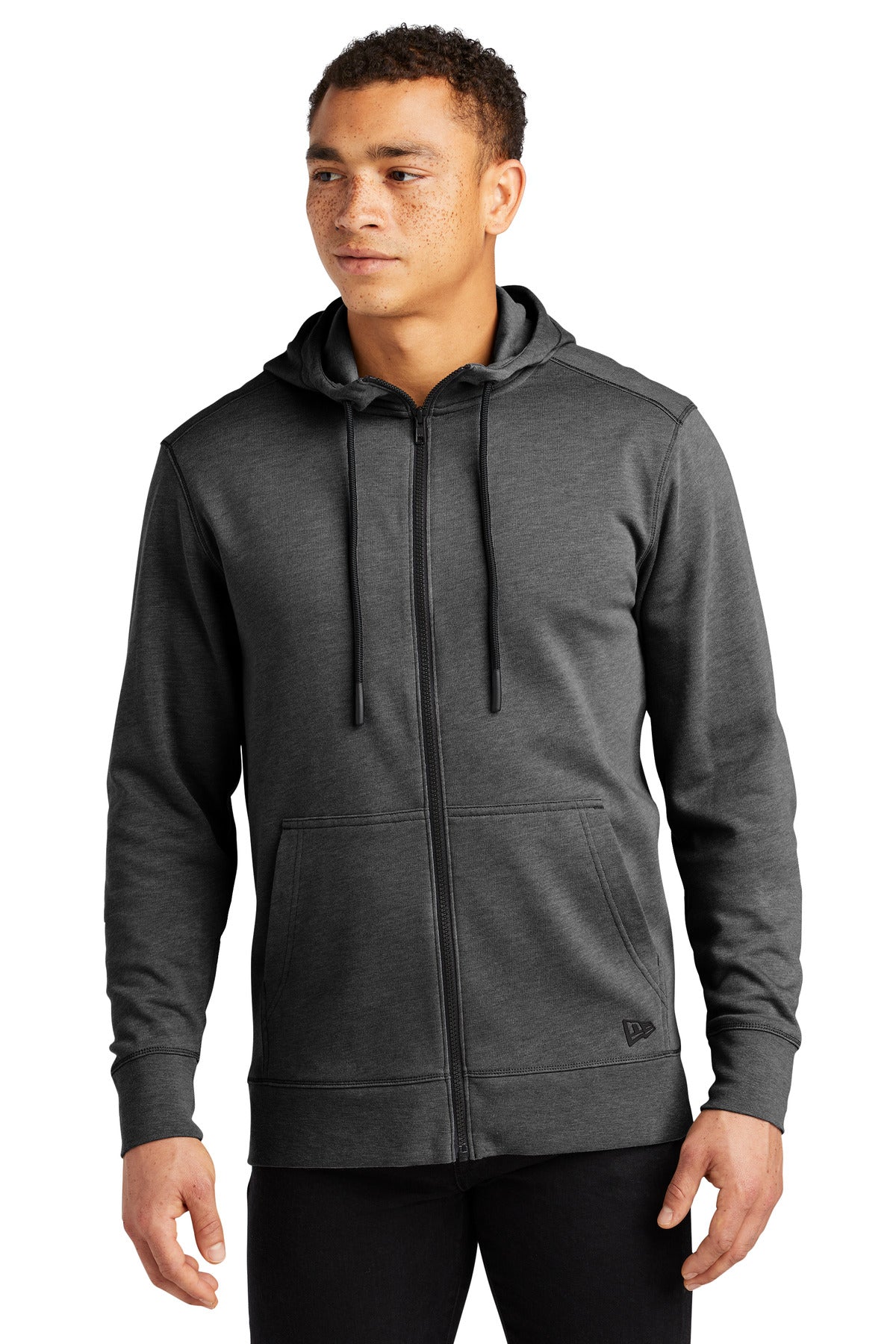 Front View of Black Heather New Era Tri-Blend Fleece Full-Zip HoodieNEA511