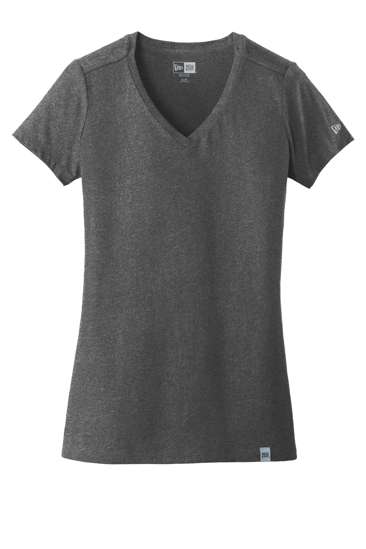 Front View of Black Heather New Era Women's Heritage Blend V-Neck Tee. LNEA101