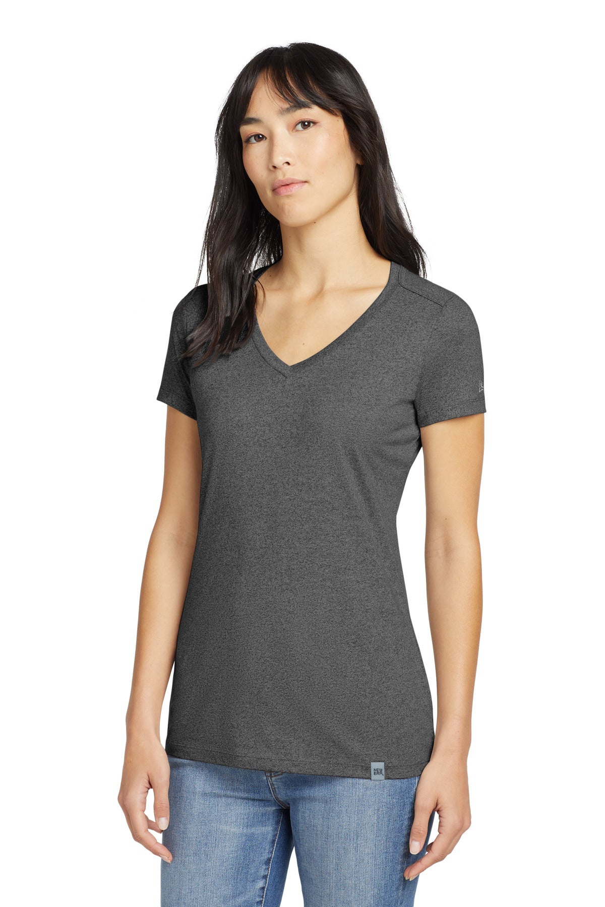 Front View of Black Heather New Era Women's Heritage Blend V-Neck Tee. LNEA101