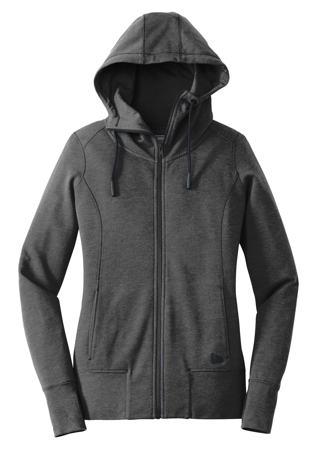 Front View of Black Heather New Era Women's Tri-Blend Fleece Full-Zip Hoodie. LNEA511