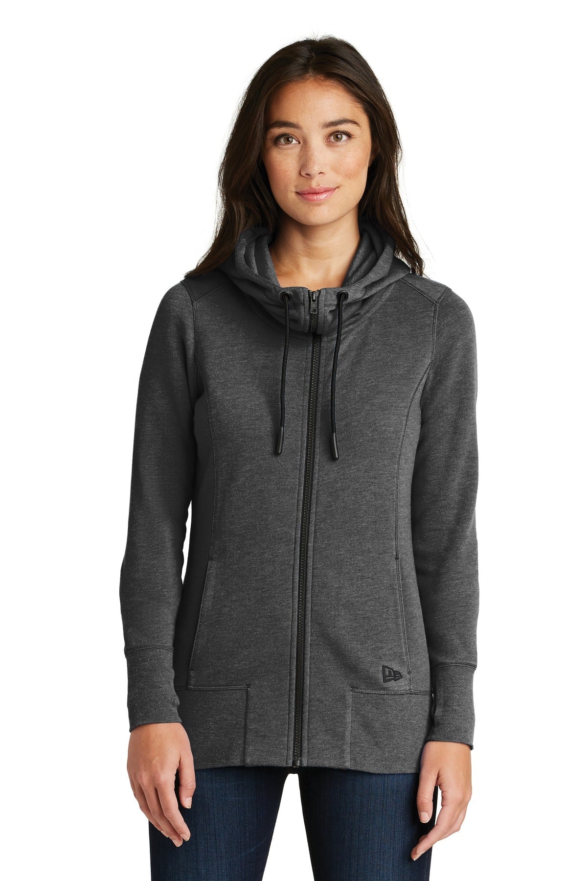 Front View of Black Heather New Era Women's Tri-Blend Fleece Full-Zip Hoodie. LNEA511