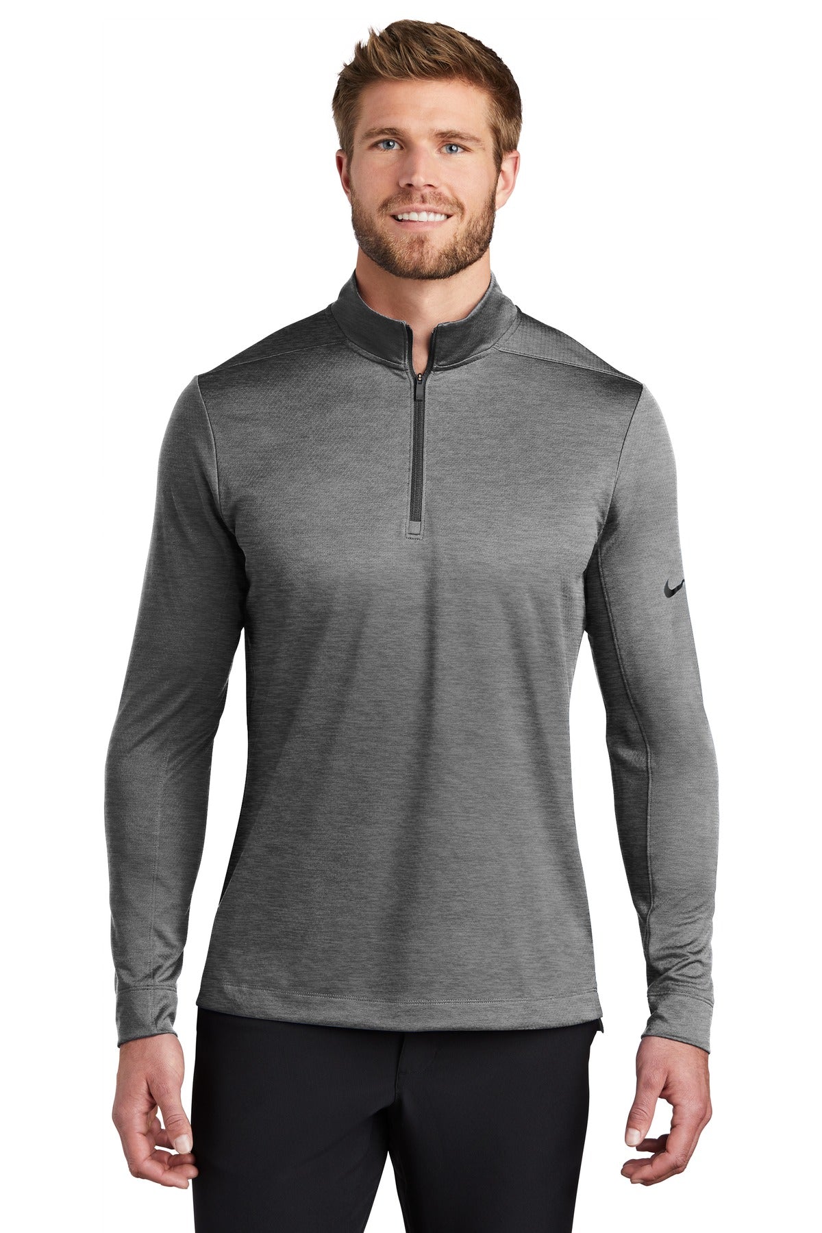 Front View of Black Heather Nike Dry 1/2-Zip Cover-Up NKBV6044