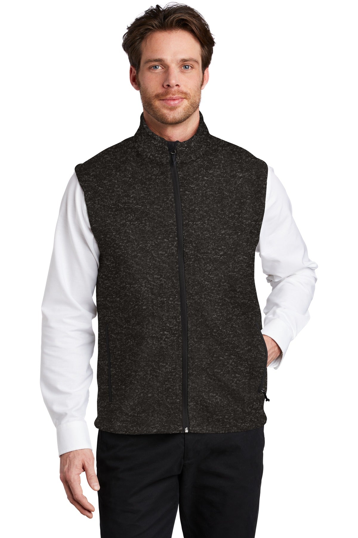 Front View of Black Heather Port Authority Sweater Fleece Vest F236