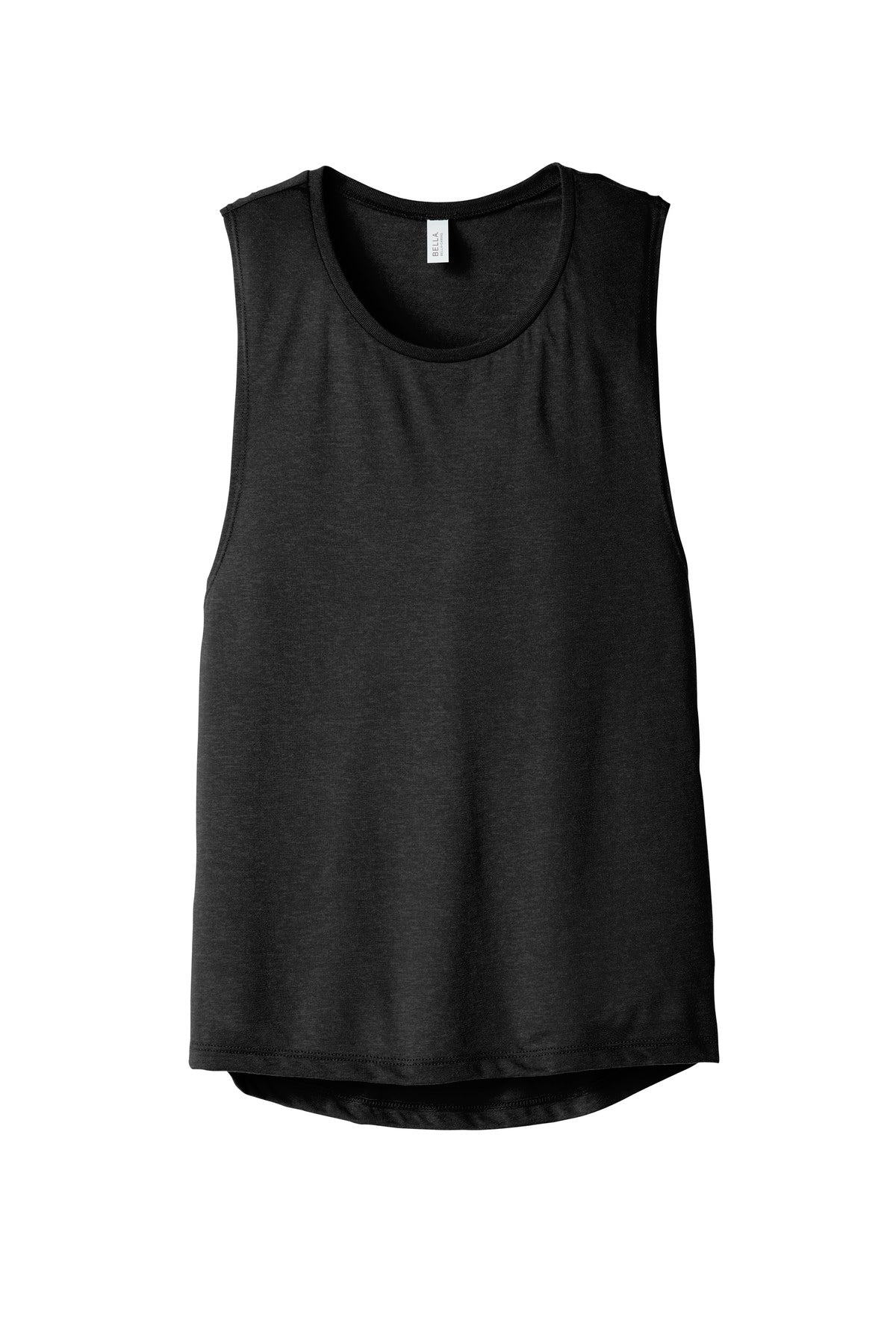 Front View of Black Ht BELLA+CANVAS Women's Flowy Scoop Muscle Tank. BC8803