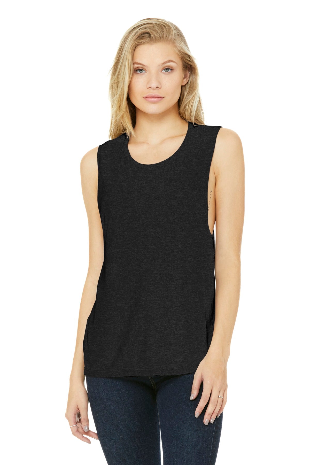 Front View of Black Ht BELLA+CANVAS Women's Flowy Scoop Muscle Tank. BC8803