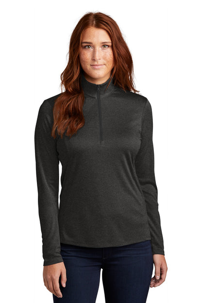 Front View of Black Hthr Sport-Tek Women's Endeavor 1/2-Zip Pullover. LST469