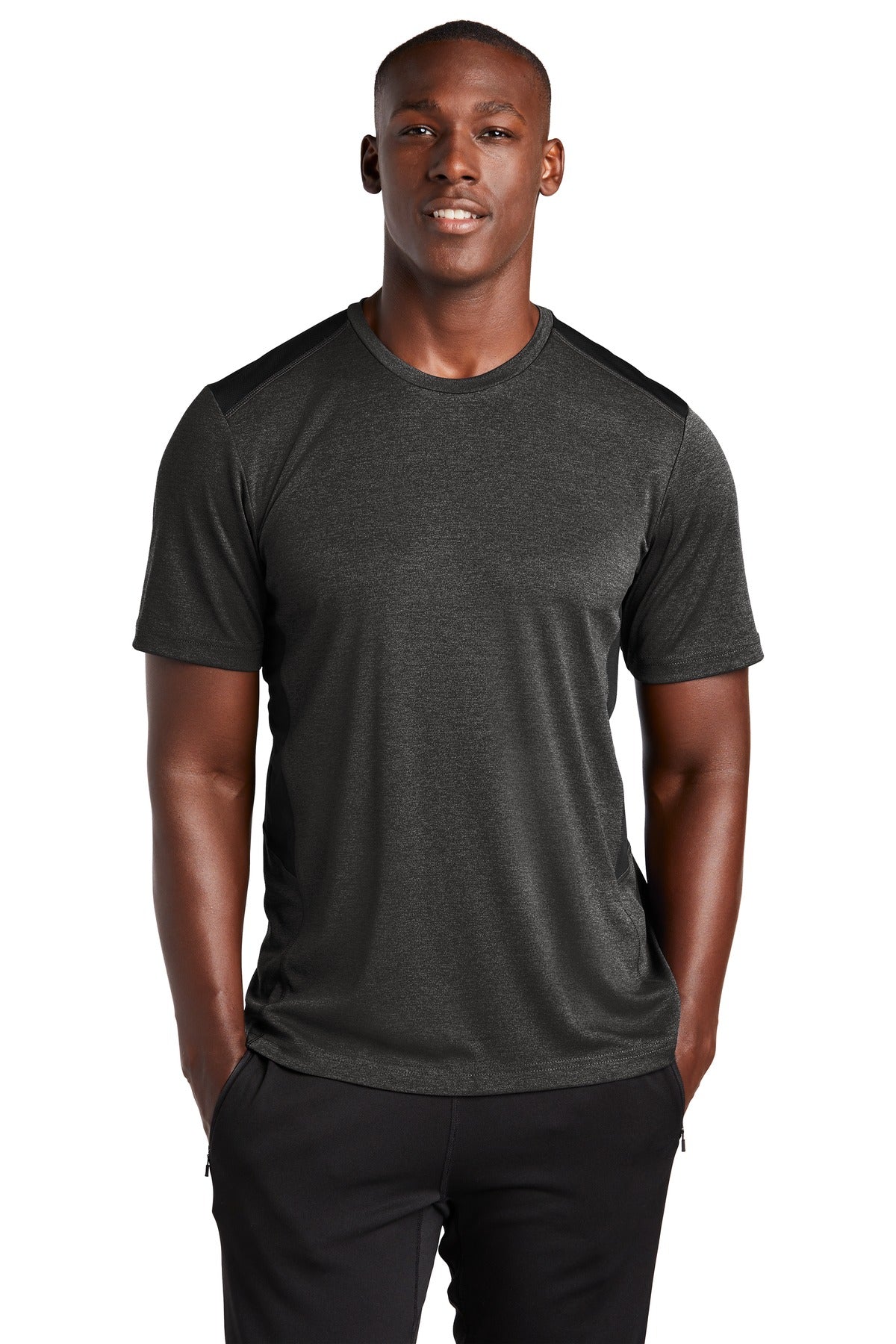 Front View of Black Hthr/Blk Sport-Tek Endeavor Tee. ST465
