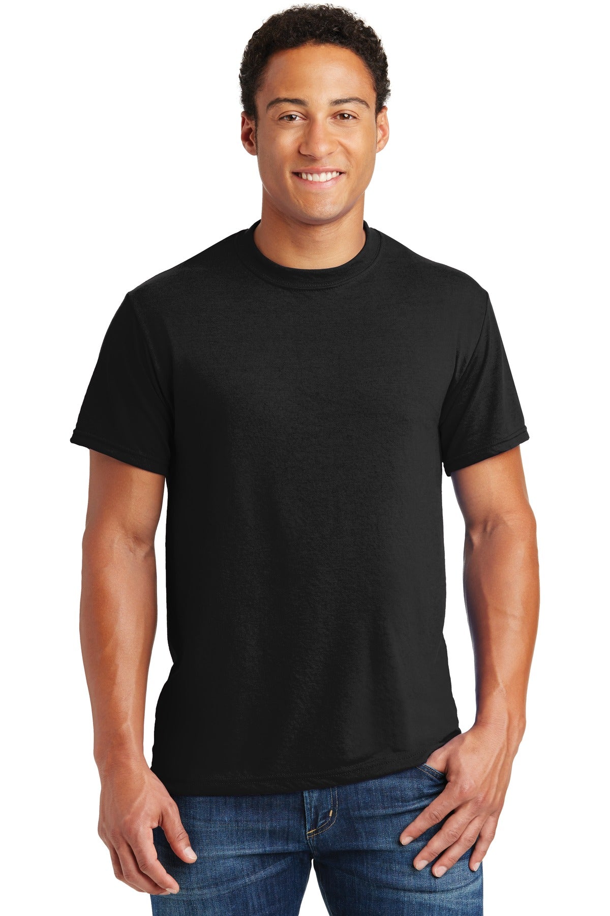 Front View of Black Jerzees Dri-Power 100% Polyester T-Shirt. 21M