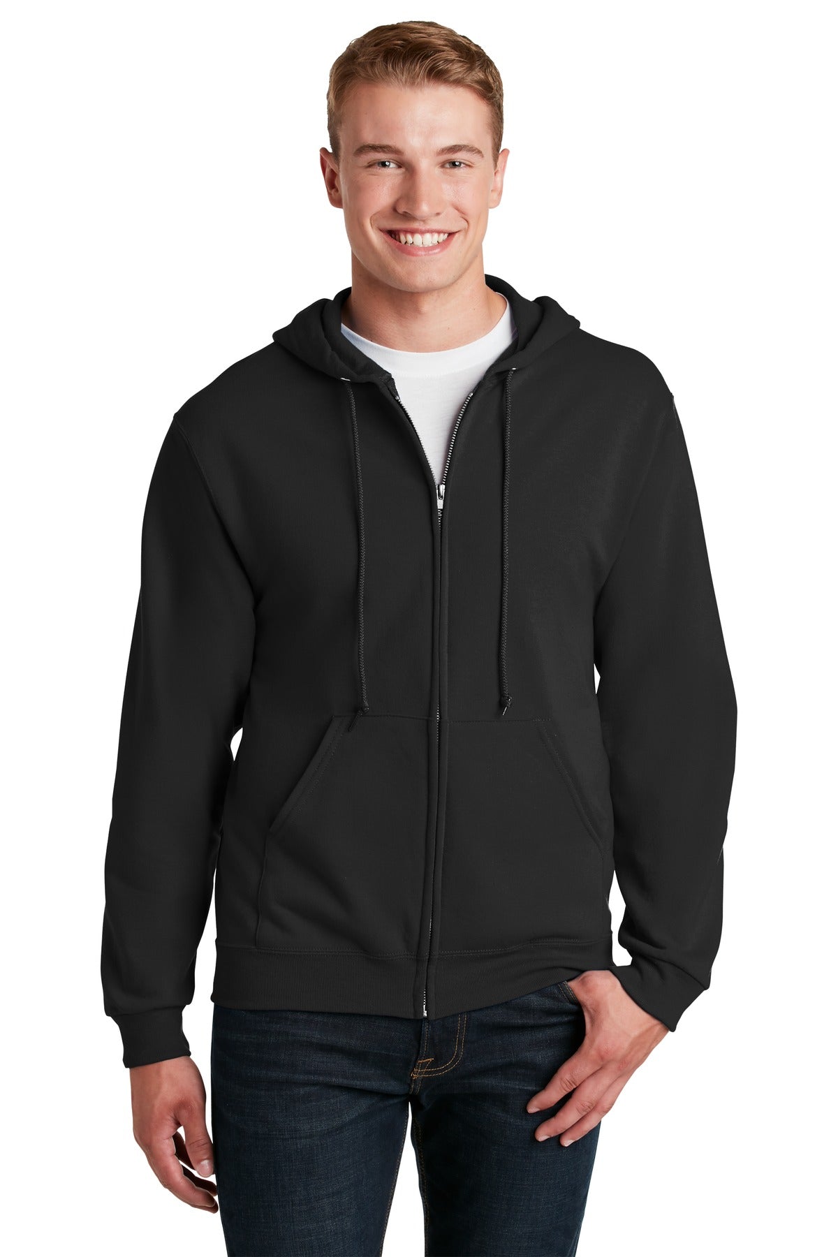 Front View of Black Jerzees - NuBlend Full-Zip Hooded Sweatshirt. 993M