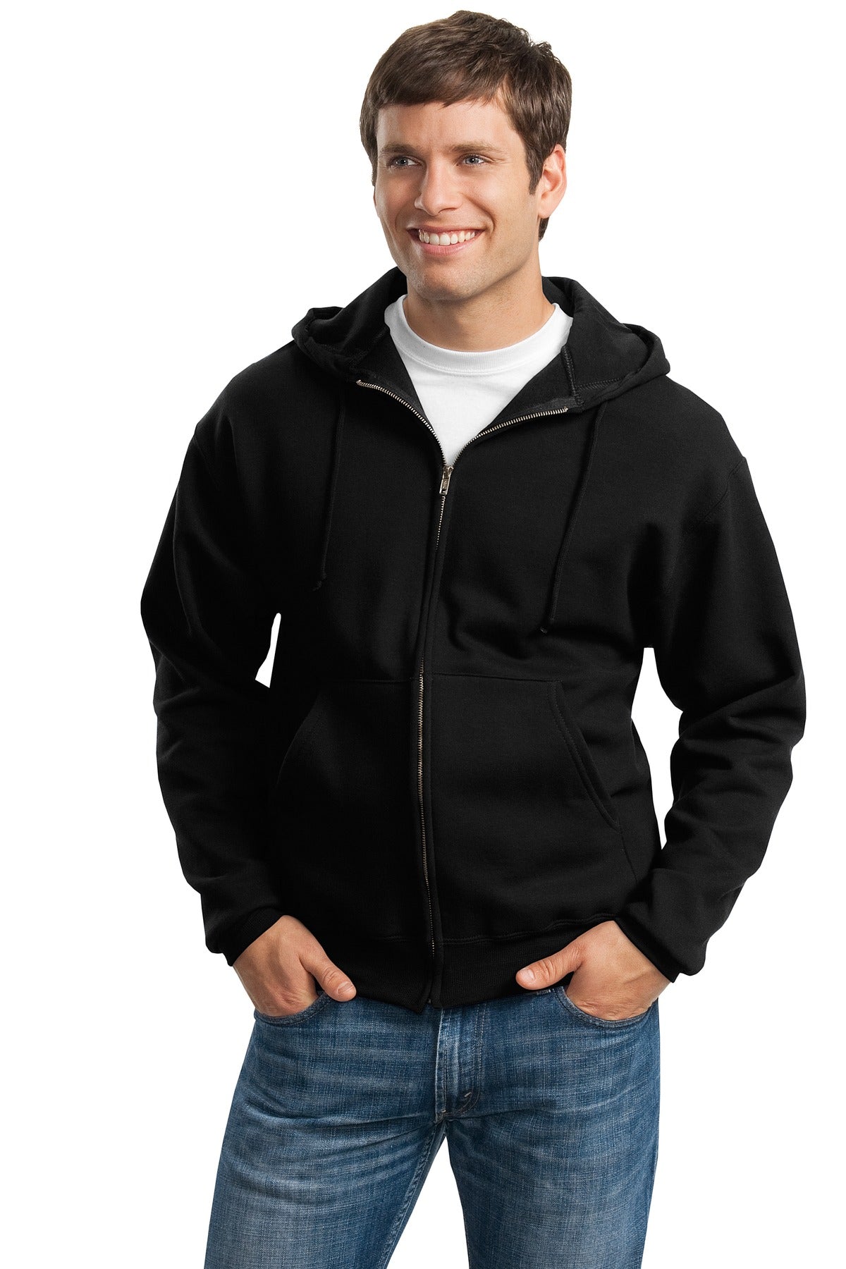 Front View of Black Jerzees Super Sweats NuBlend - Full-Zip Hooded Sweatshirt. 4999M