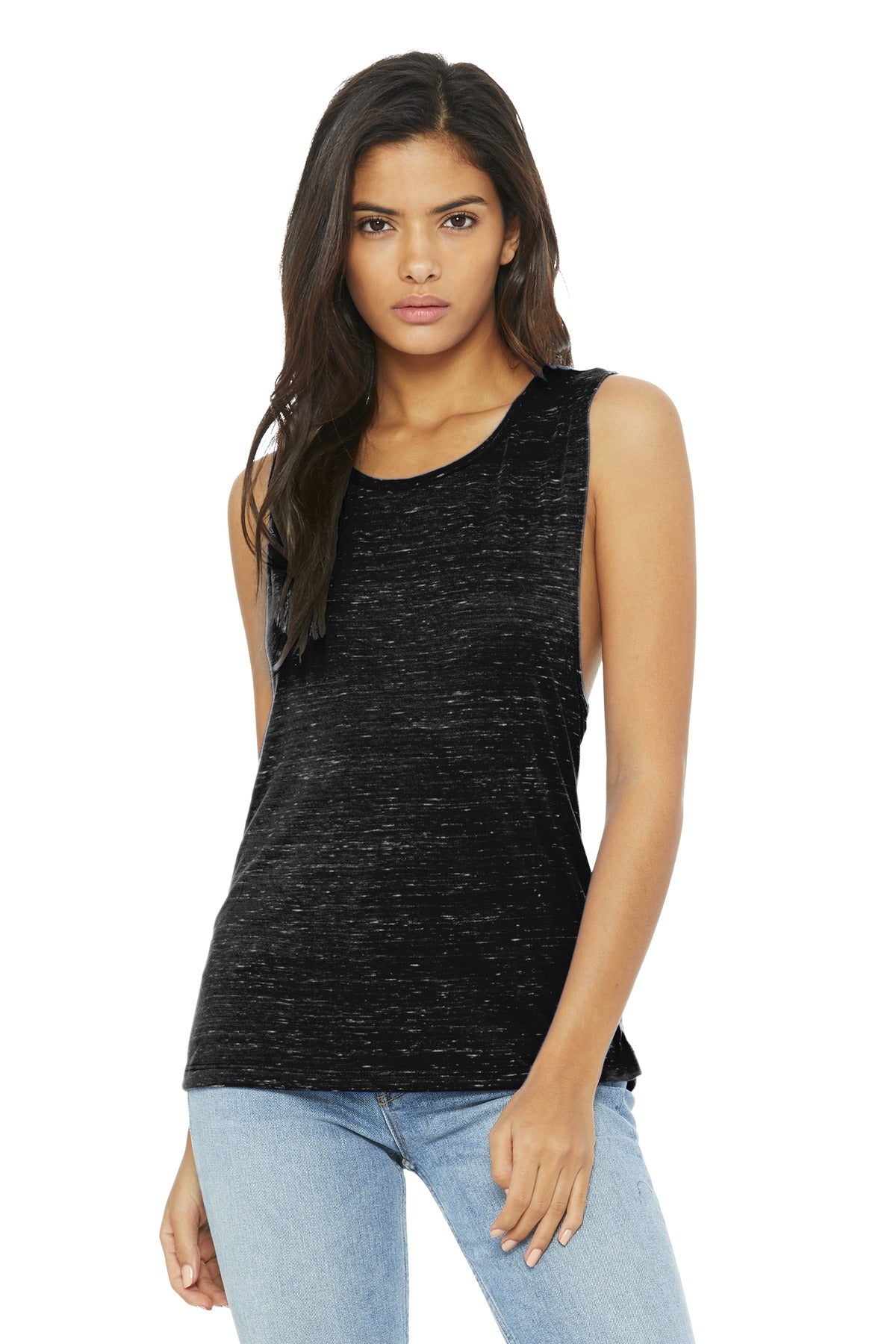 Front View of Black Marble BELLA+CANVAS Women's Flowy Scoop Muscle Tank. BC8803