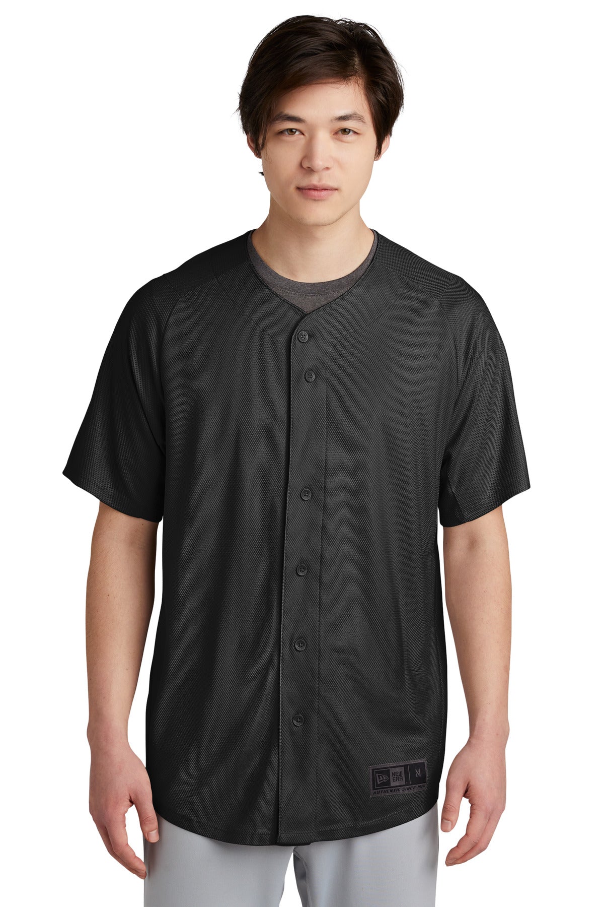 Front View of Black New Era Diamond Era Full-Button Jersey. NEA220