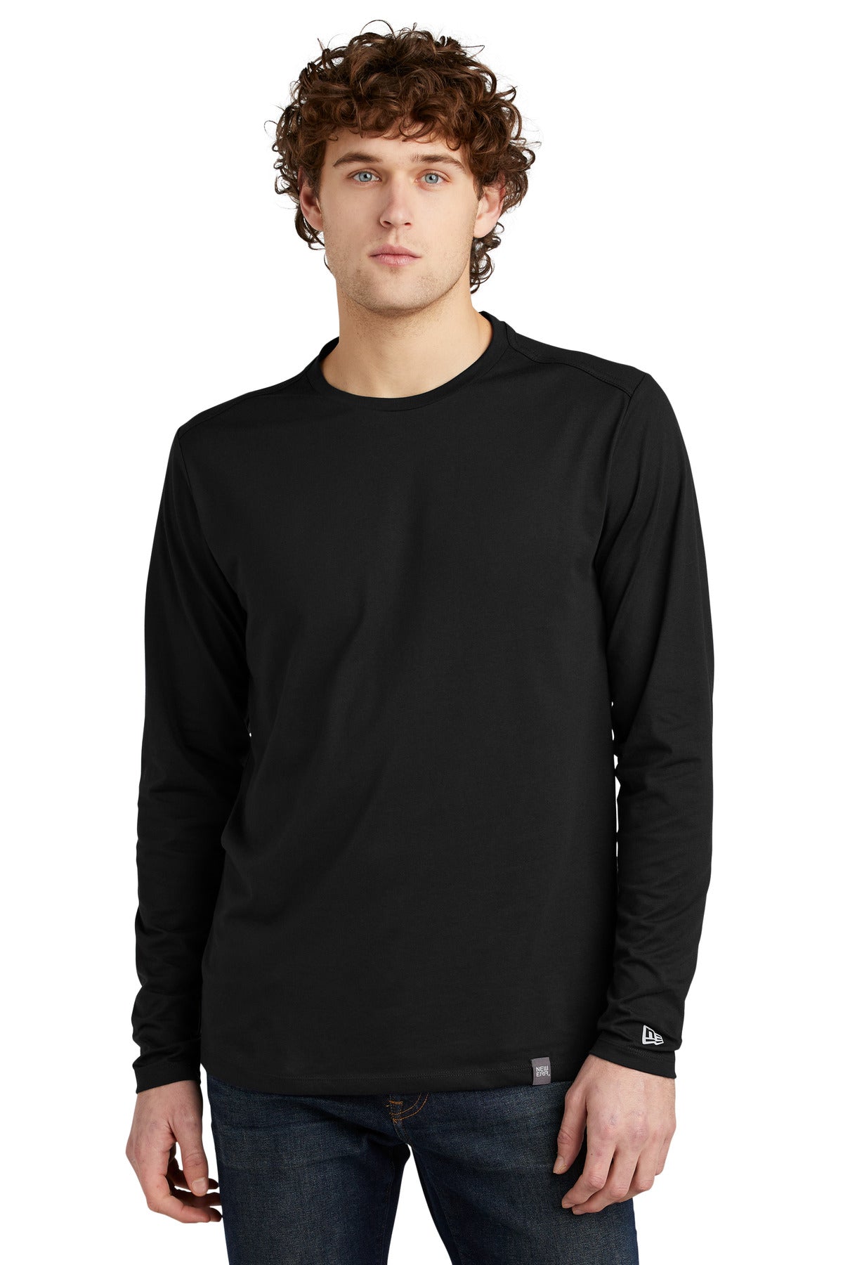 Front View of Black New Era Heritage Blend Long Sleeve Crew Tee. NEA102