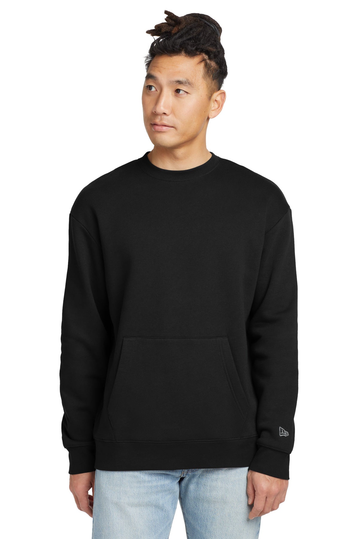 Front View of Black New Era Heritage Fleece Pocket Crew NEA527