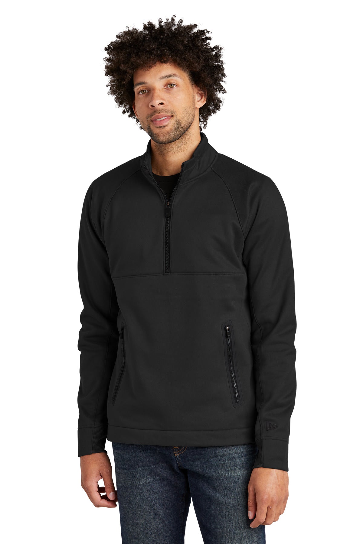 Front View of Black New Era Venue Fleece 1/4-Zip Pullover. NEA523