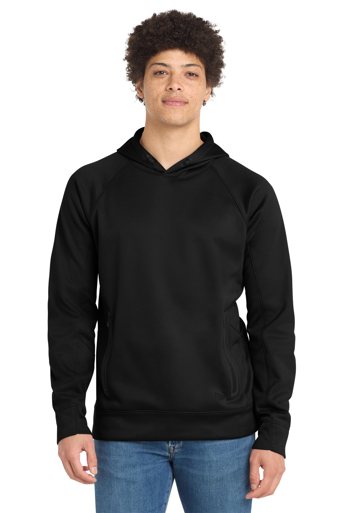 Front View of Black New Era Venue Fleece Pullover Hoodie. NEA520