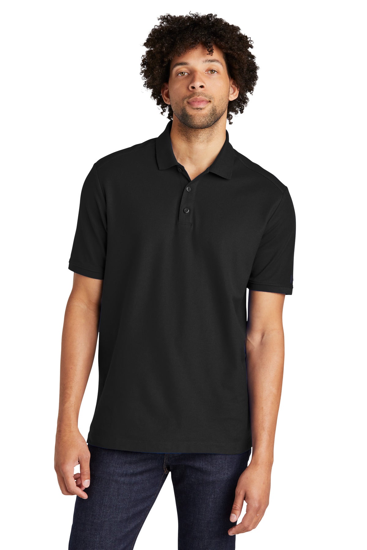 Front View of Black New Era Venue Home Plate Polo. NEA300
