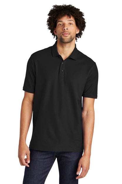 Front View of Black New Era Venue Home Plate Polo. NEA300