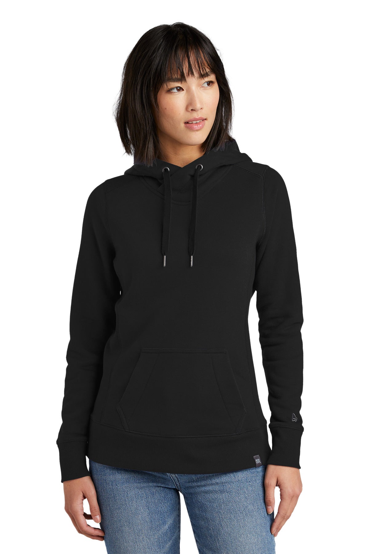 Front View of Black New Era Women's French Terry Pullover Hoodie. LNEA500