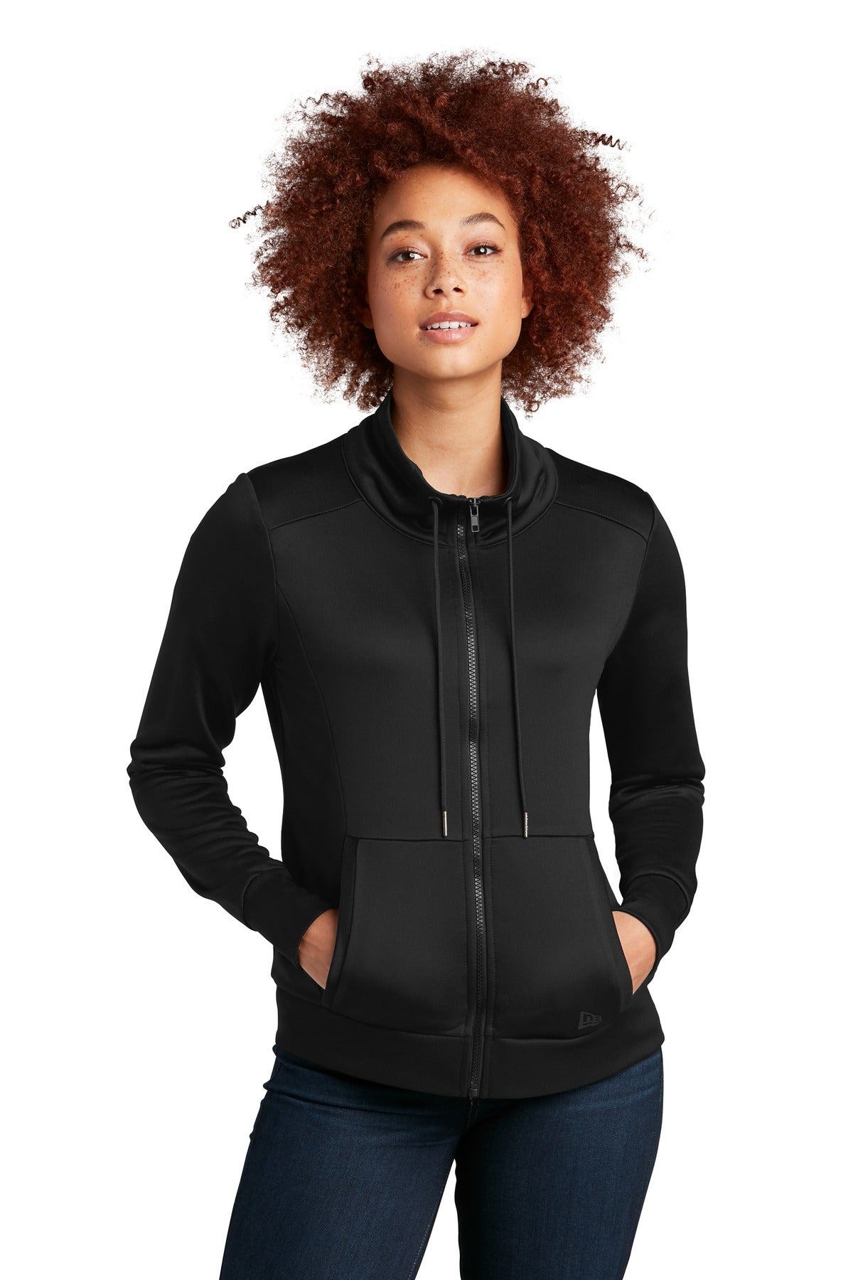 Front View of Black New Era Women's Performance Terry Full-Zip Cowl LNEA530