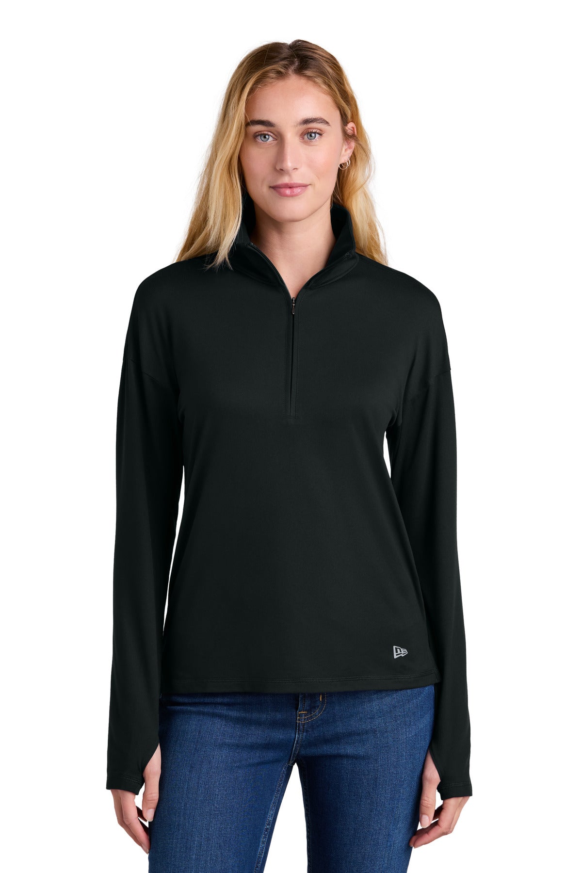 Front View of Black New Era Women's Power 1/2-Zip LNEA228