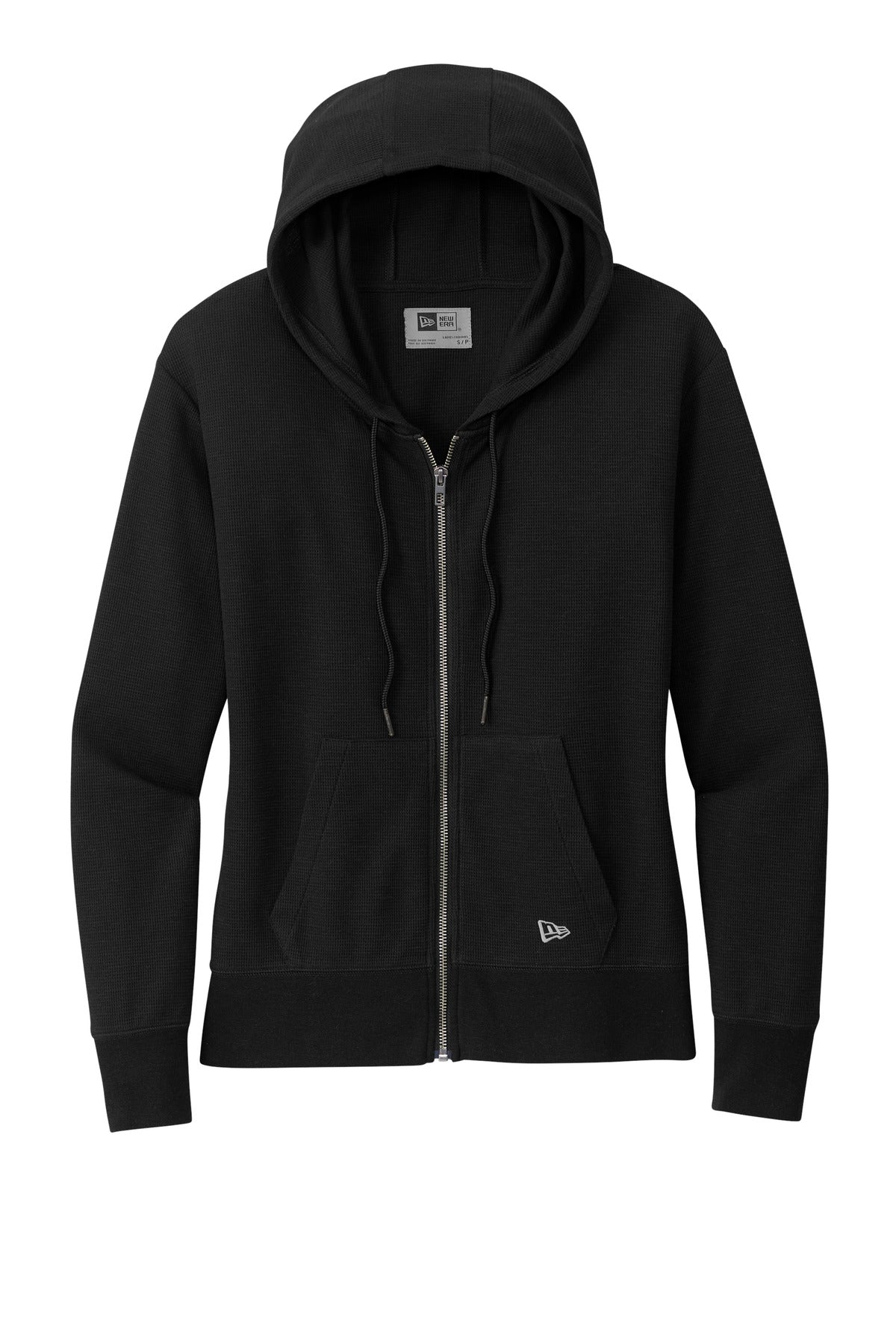 Front View of Black New Era Women's Thermal Full-Zip Hoodie LNEA141