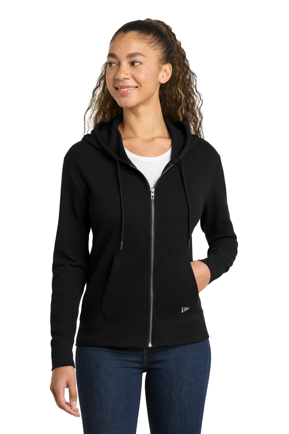 Front View of Black New Era Women's Thermal Full-Zip Hoodie LNEA141