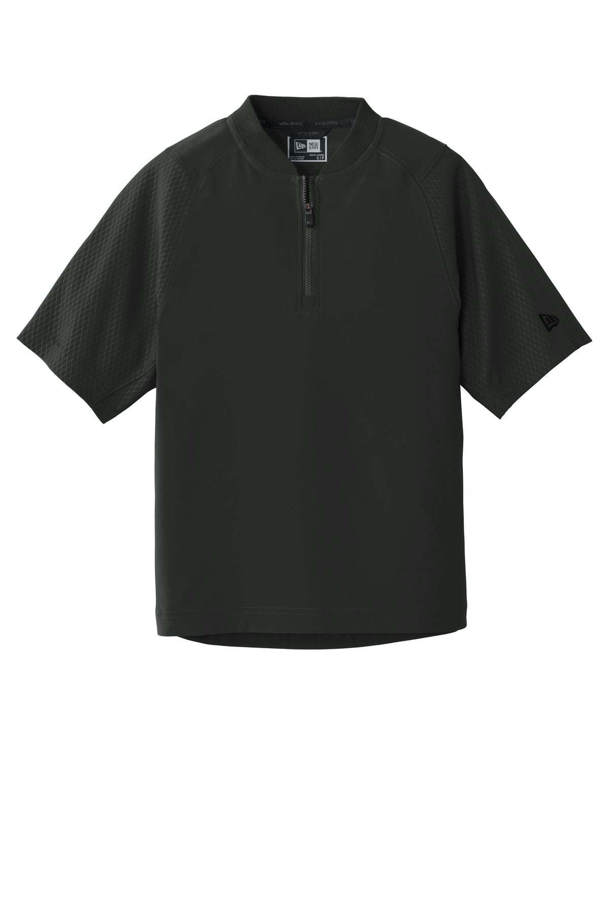 Front View of Black New Era Youth Cage Short Sleeve 1/4-Zip Jacket. YNEA600