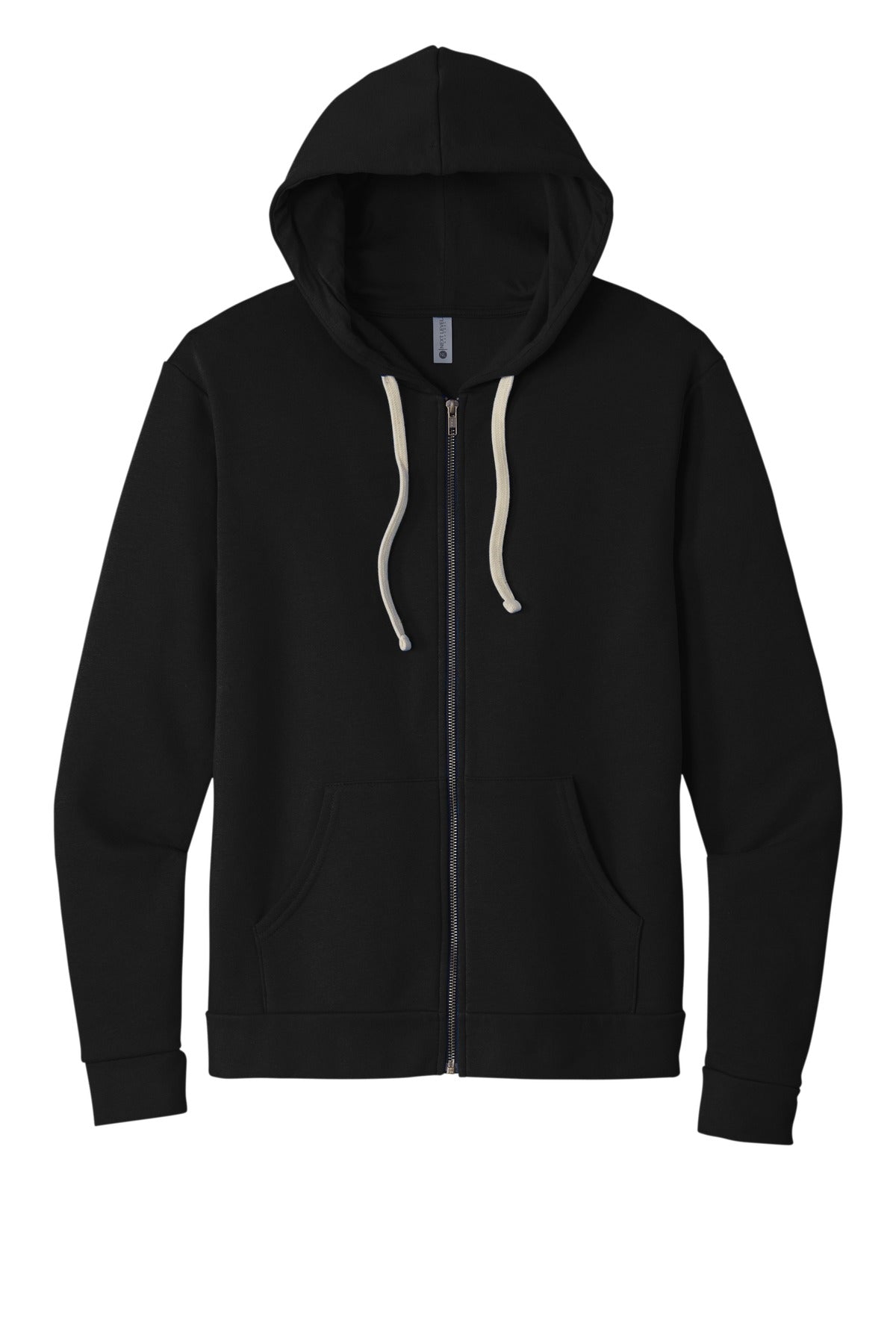 Front View of Black Next Level Apparel Adult Santa Barbara Zip Hoodie. NL9602