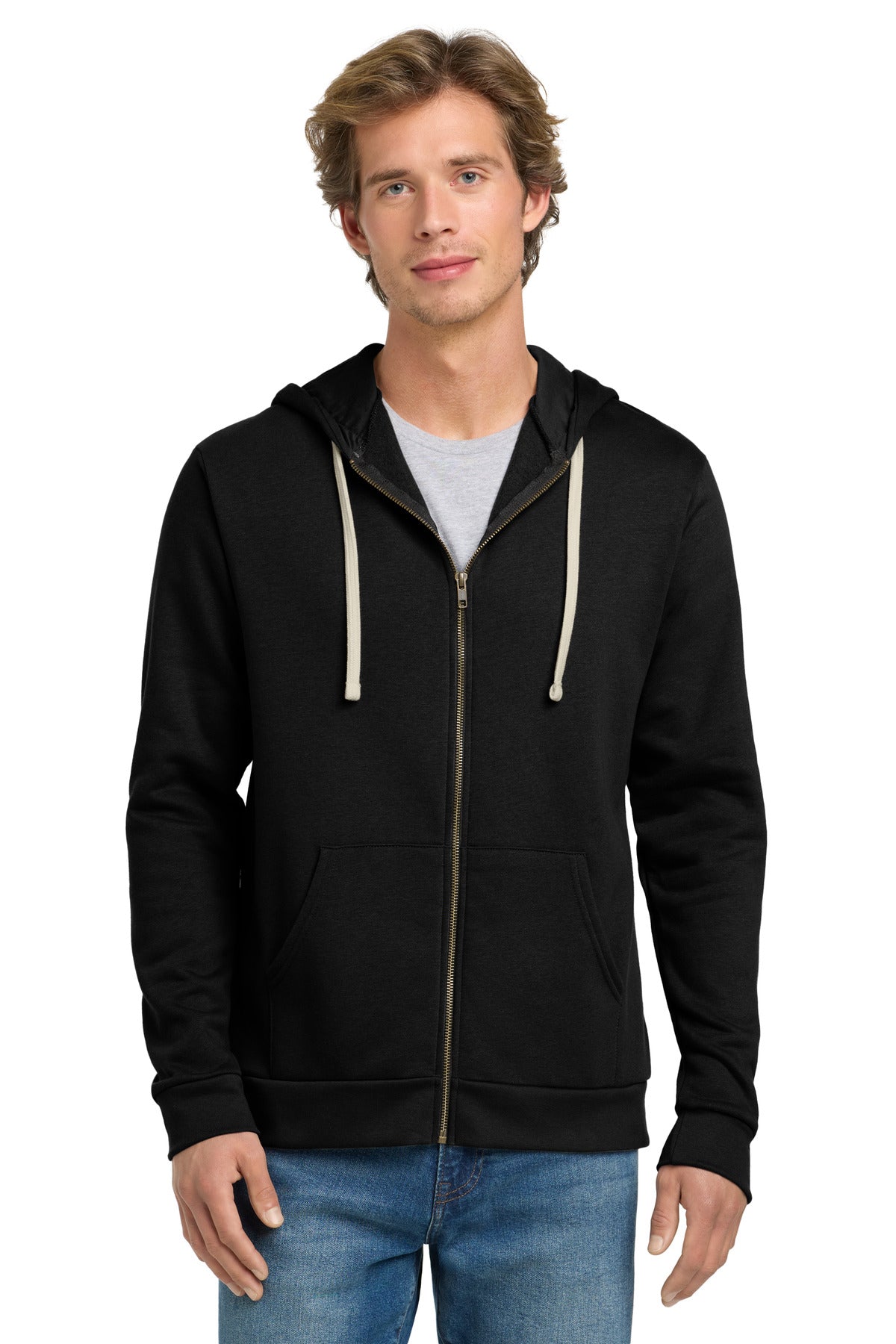 Front View of Black Next Level Apparel Adult Santa Barbara Zip Hoodie. NL9602
