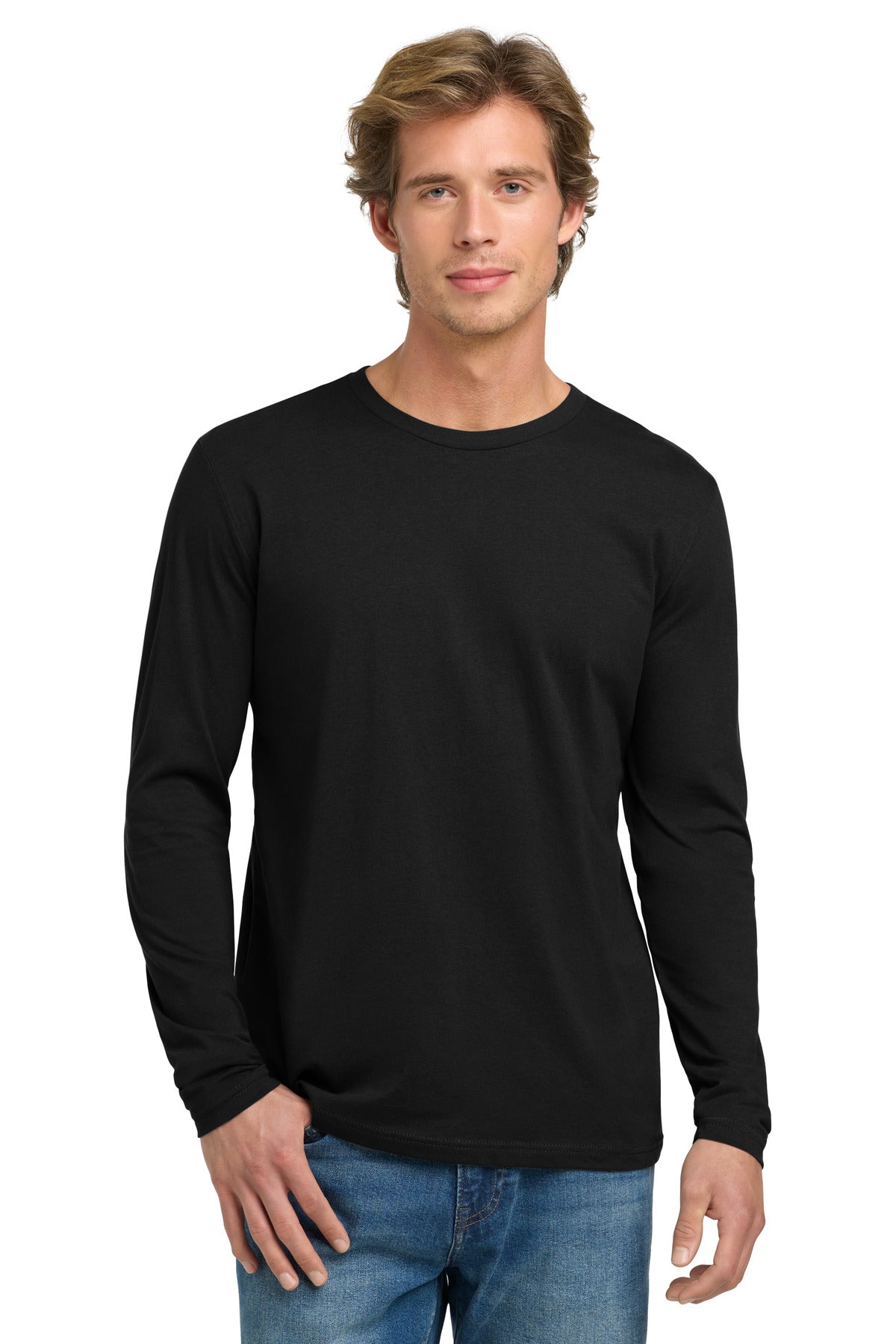 Front View of Black Next Level Apparel Cotton Long Sleeve Tee. NL3601