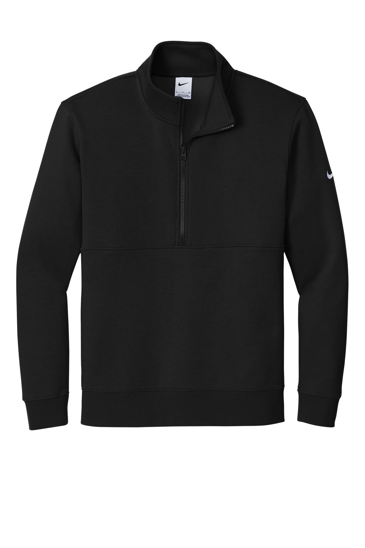 Front View of Black Nike Club Fleece Sleeve Swoosh 1/2-Zip NKDX6718