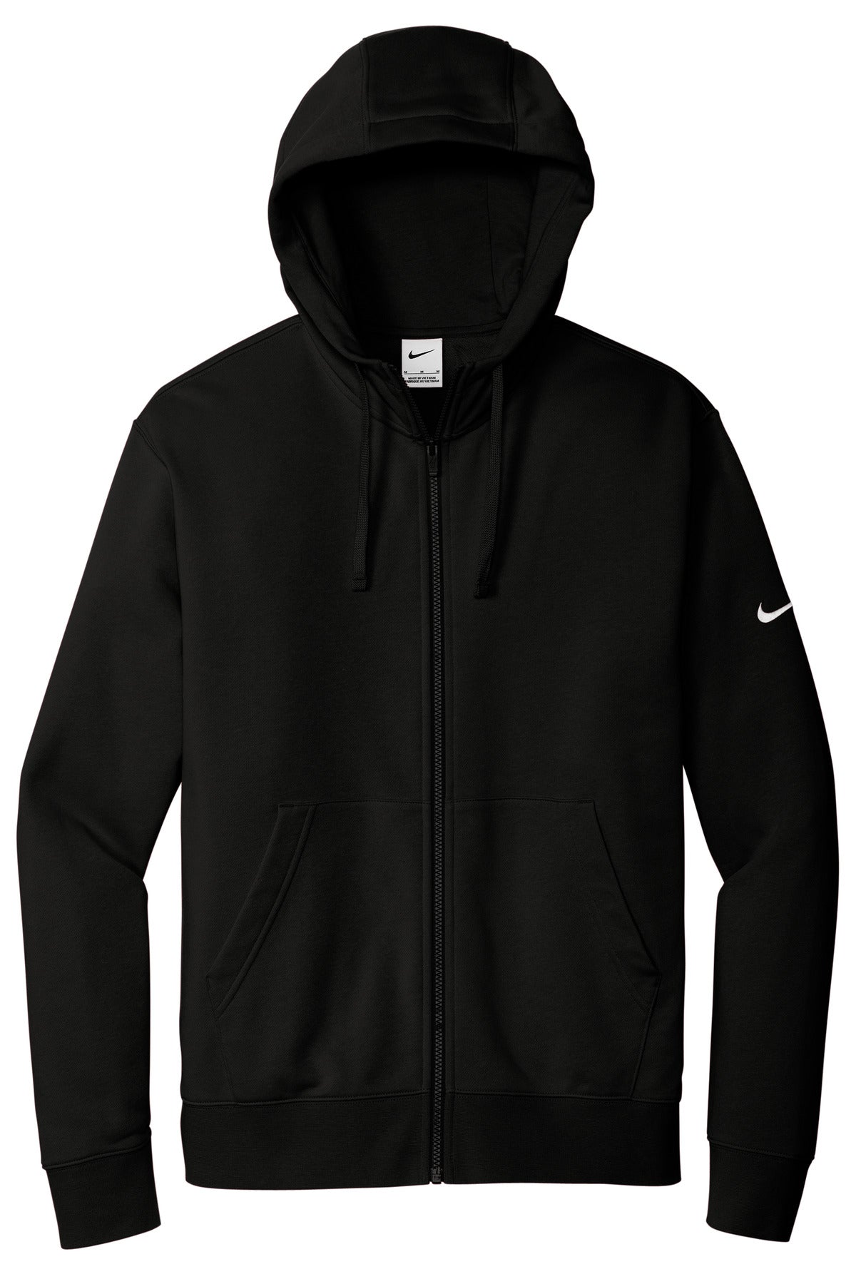 Front View of Black Nike Club Fleece Sleeve Swoosh Full-Zip Hoodie NKDR1513
