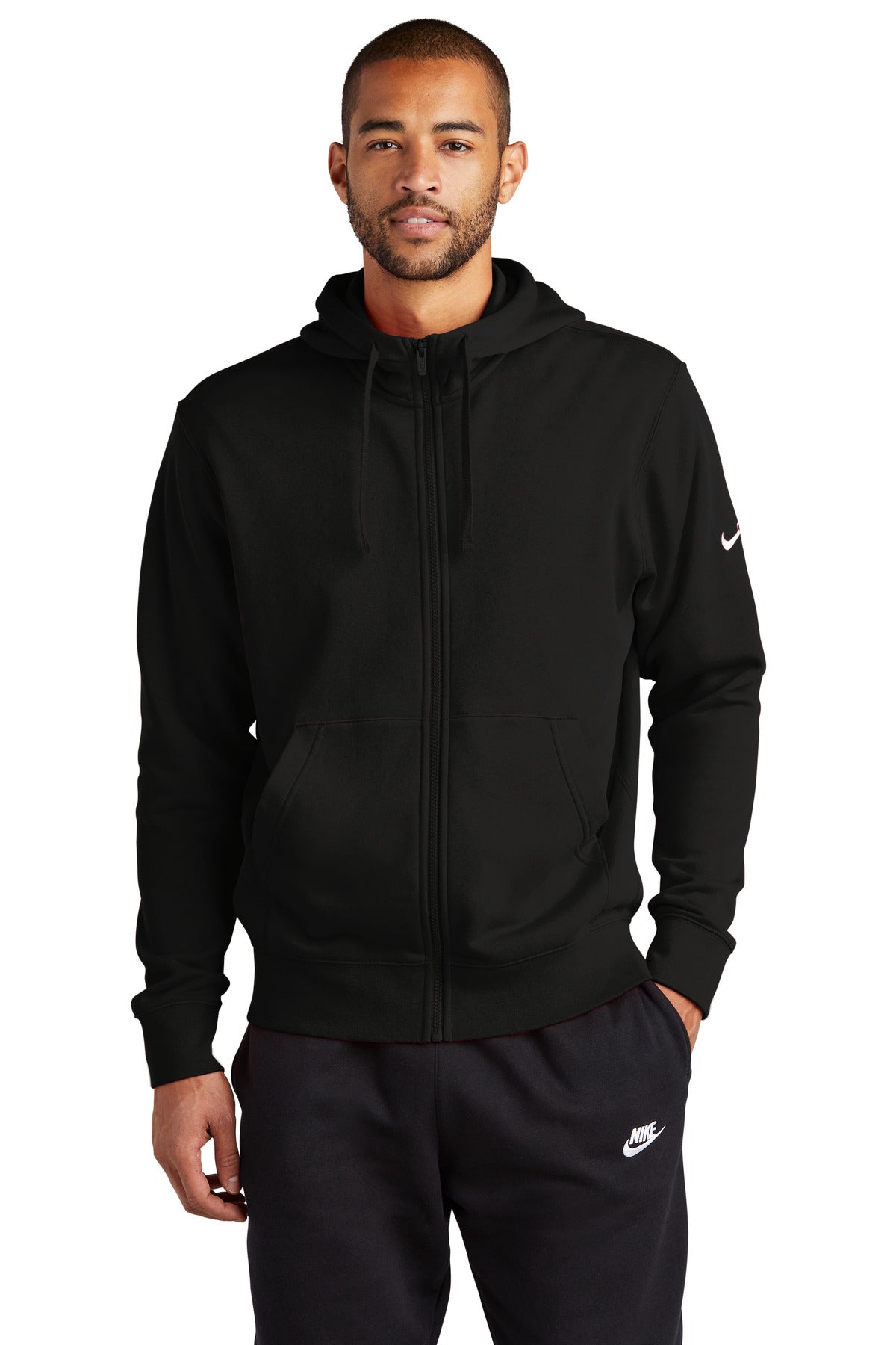 Front View of Black Nike Club Fleece Sleeve Swoosh Full-Zip Hoodie NKDR1513