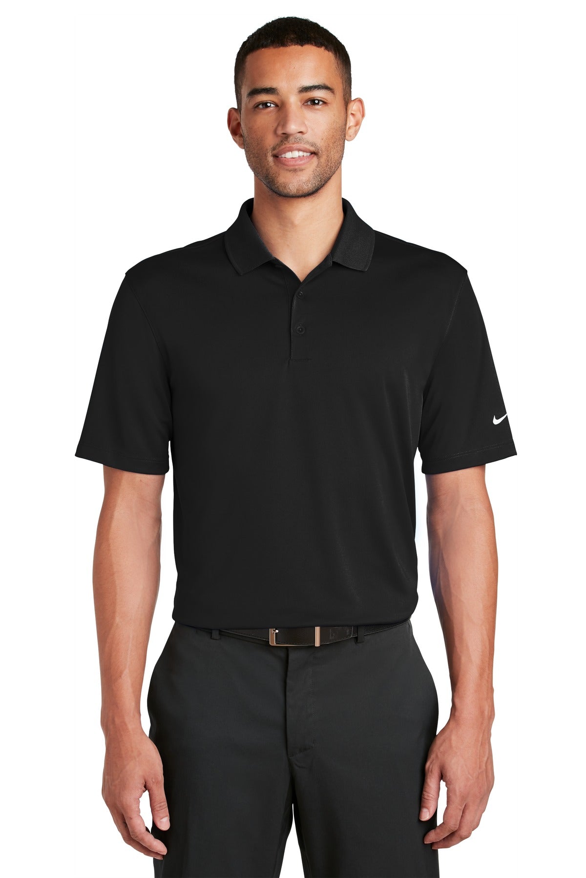 Front View of Black Nike Dri-FIT Classic Fit Players Polo with Flat Knit Collar. 838956