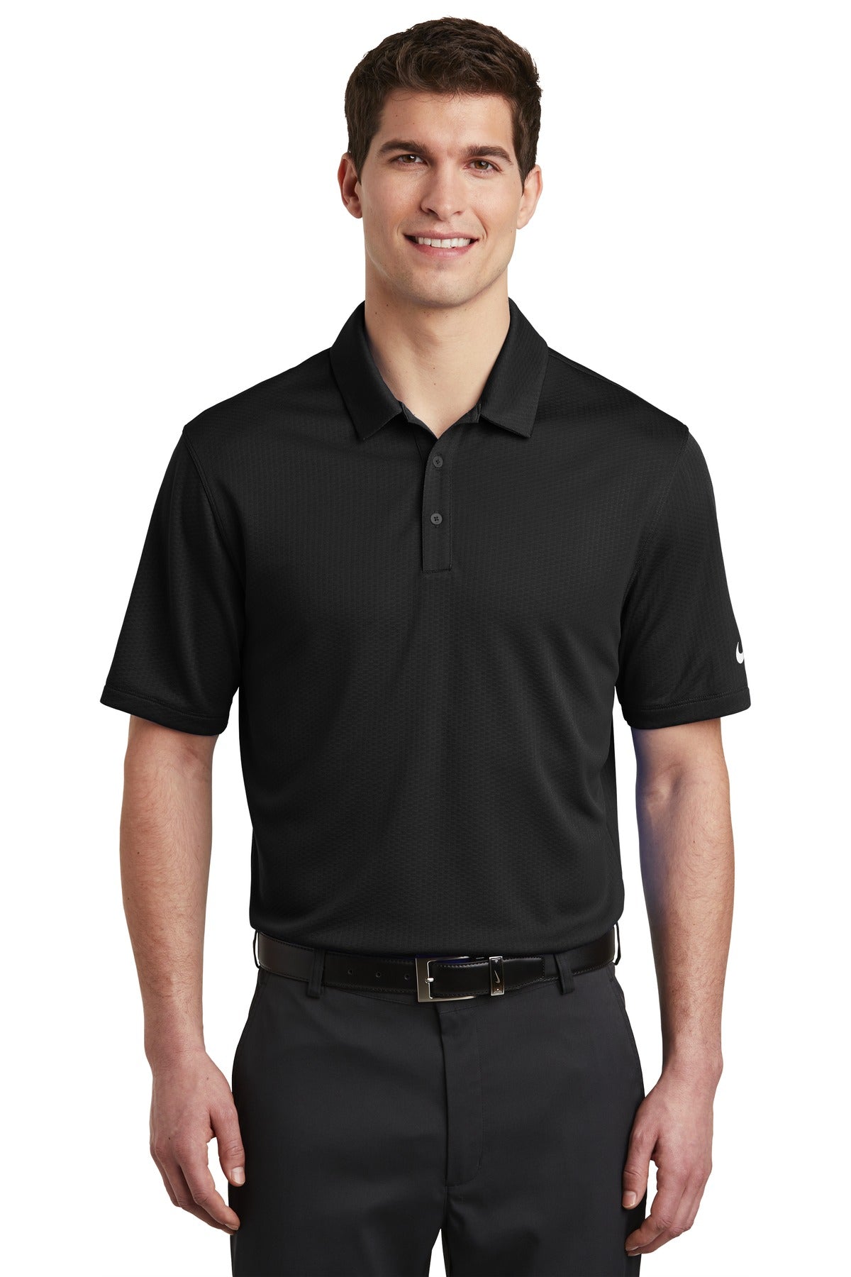 Front View of Black Nike Dri-FIT Hex Textured Polo. NKAH6266