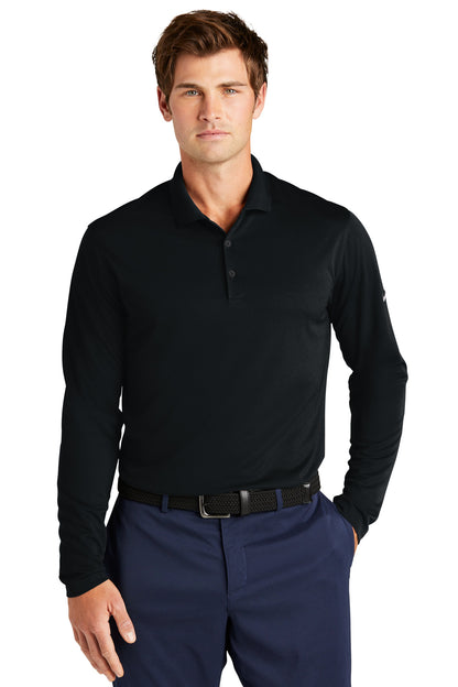 Front View of Black Nike Dri-FIT Micro Pique 2.0 Long Sleeve Polo NKDC2104