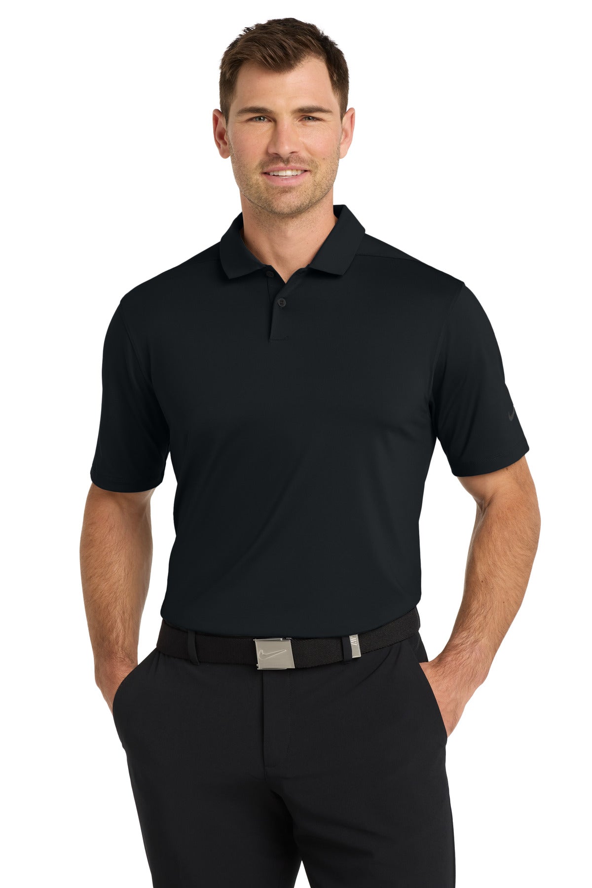 Front View of Black Nike Dri-FIT Vapor Polo NKDC2108