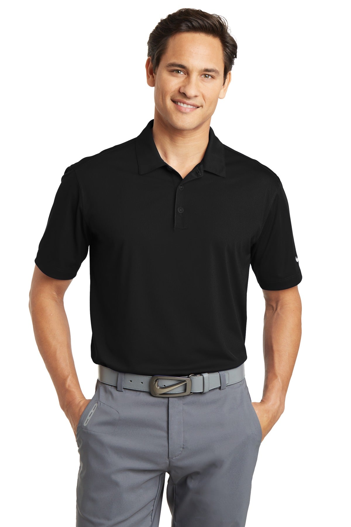 Front View of Black Nike Dri-FIT Vertical Mesh Polo. 637167