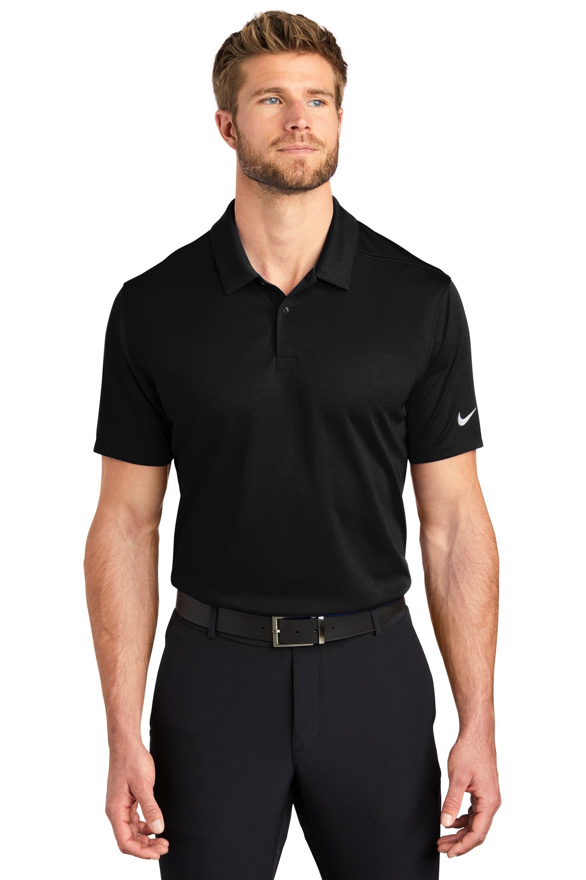 Front View of Black Nike Dry Essential Solid Polo NKBV6042