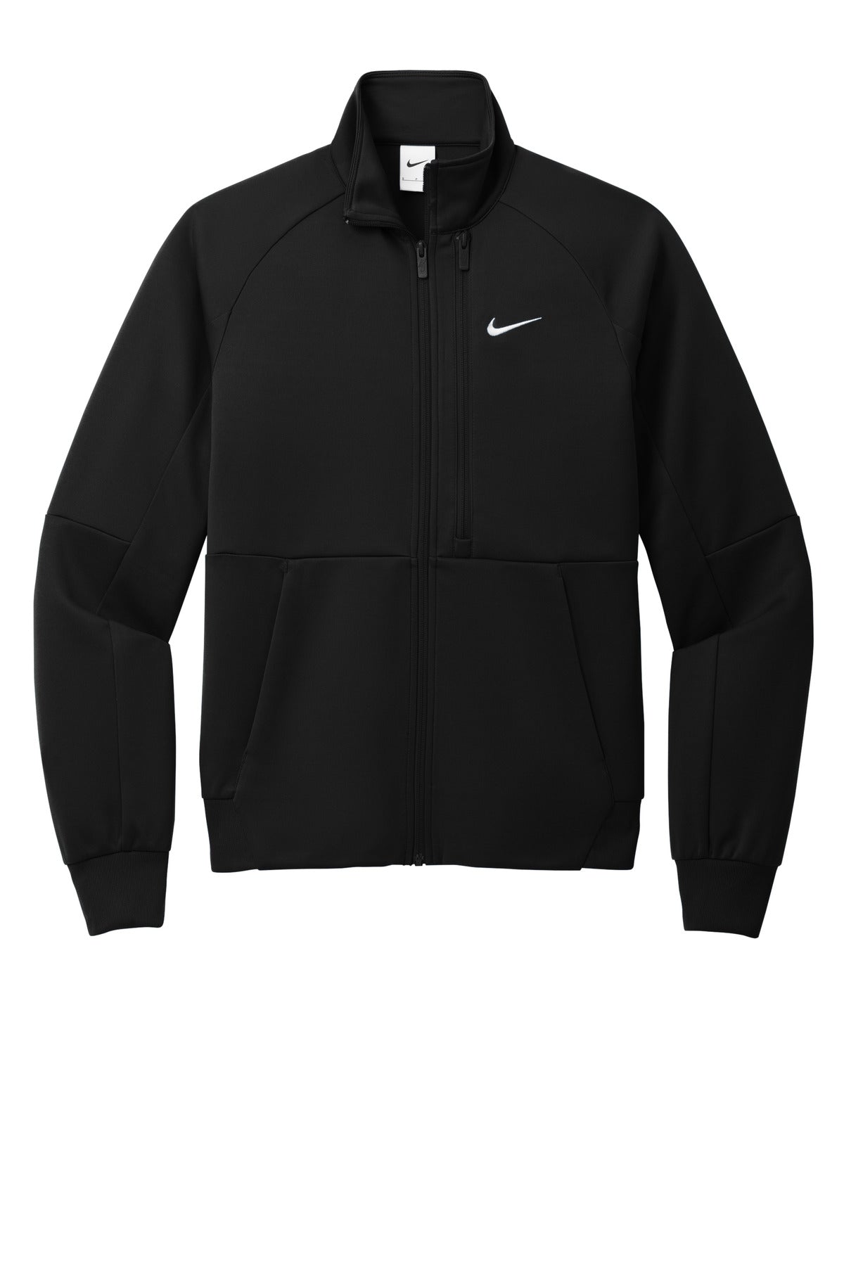 Front View of Black Nike Full-Zip Chest Swoosh Jacket NKFD9891