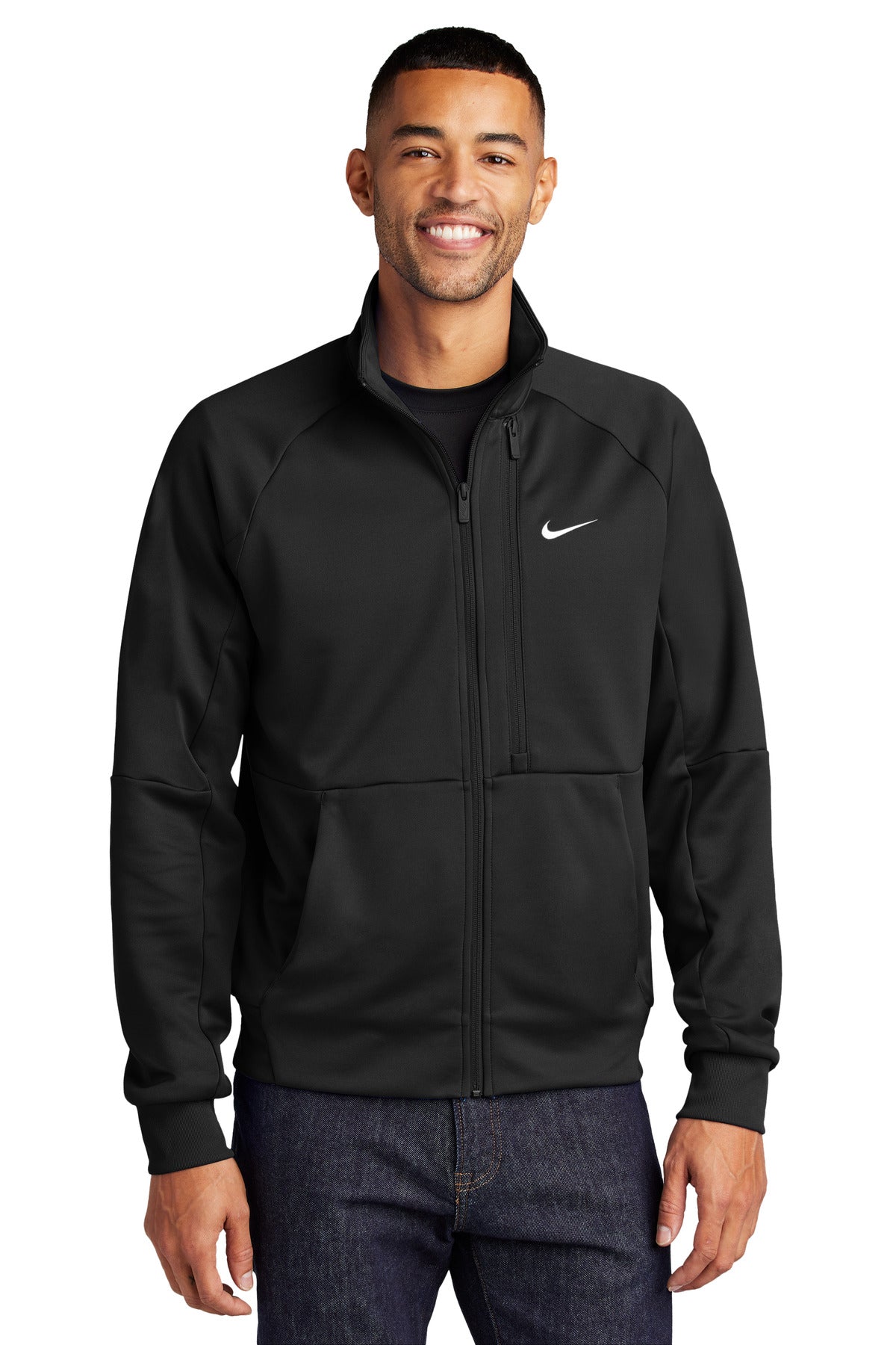 Front View of Black Nike Full-Zip Chest Swoosh Jacket NKFD9891