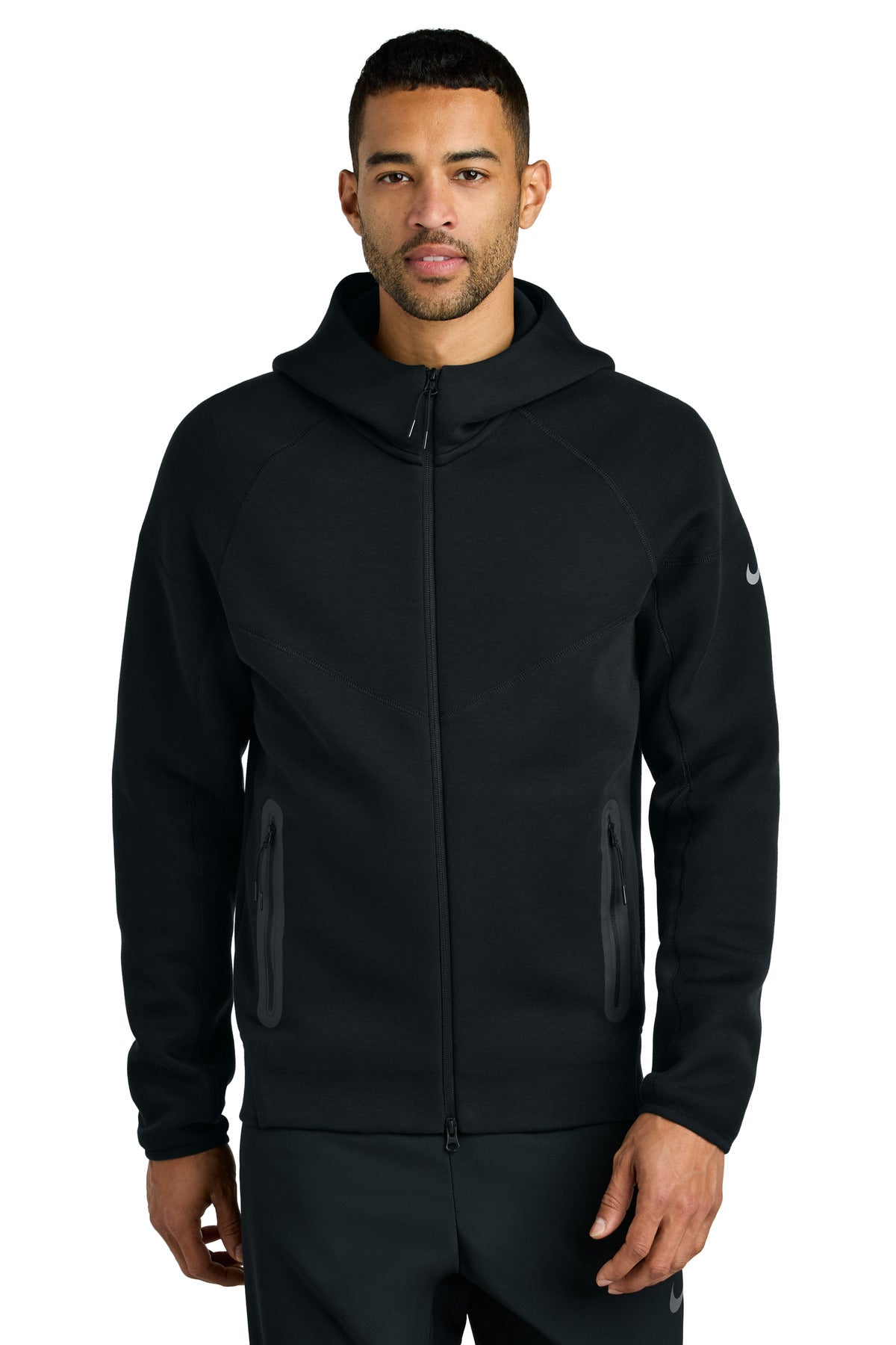 Front View of Black Nike Tech Fleece Full-Zip Hoodie NKFQ4762